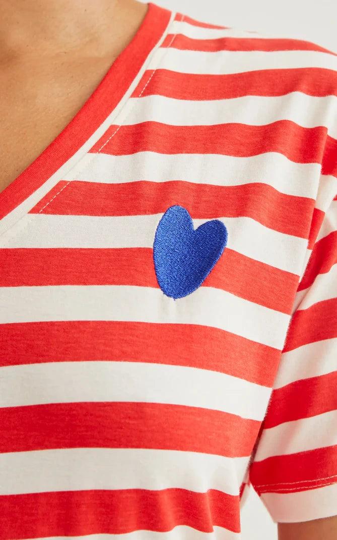 Compania Fantastica - T-shirt Red Striped Print And Embroidered Heart