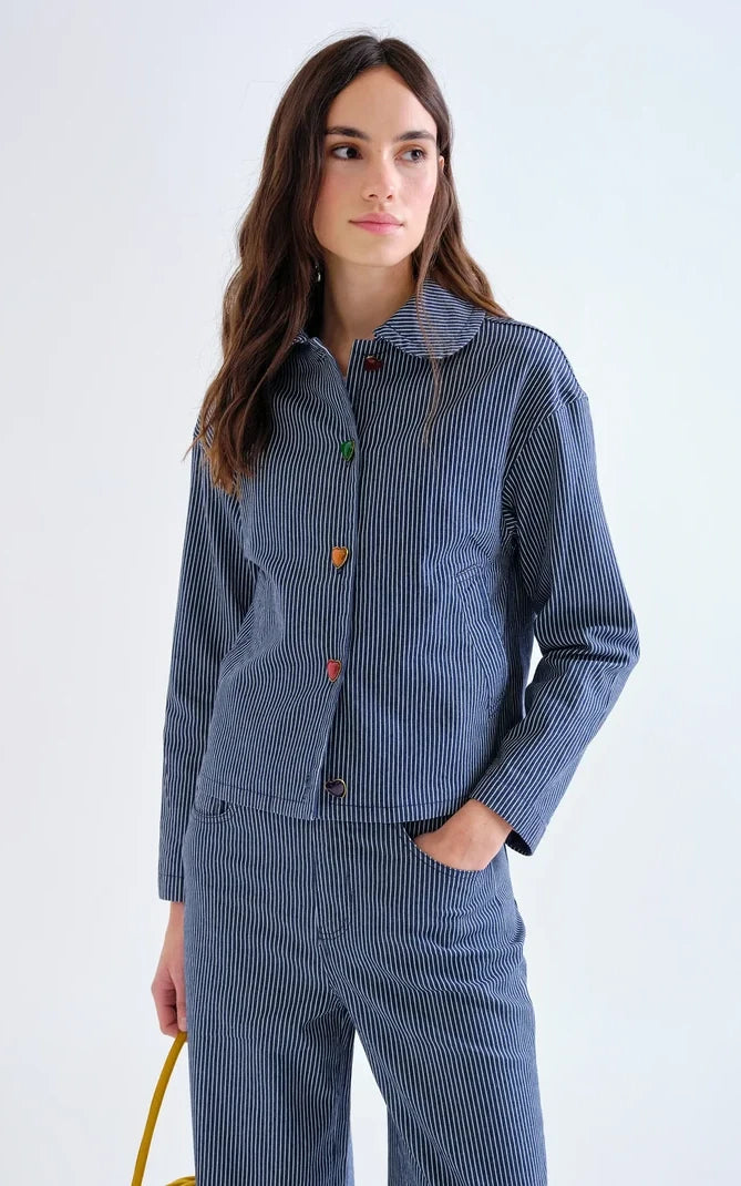 Compania Fantastica - Denim Jacket Blue Stripes & Multicolor Heart Details