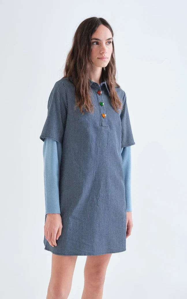 Compania Fantastica - Short Denim Dress With Blue And White Stripes