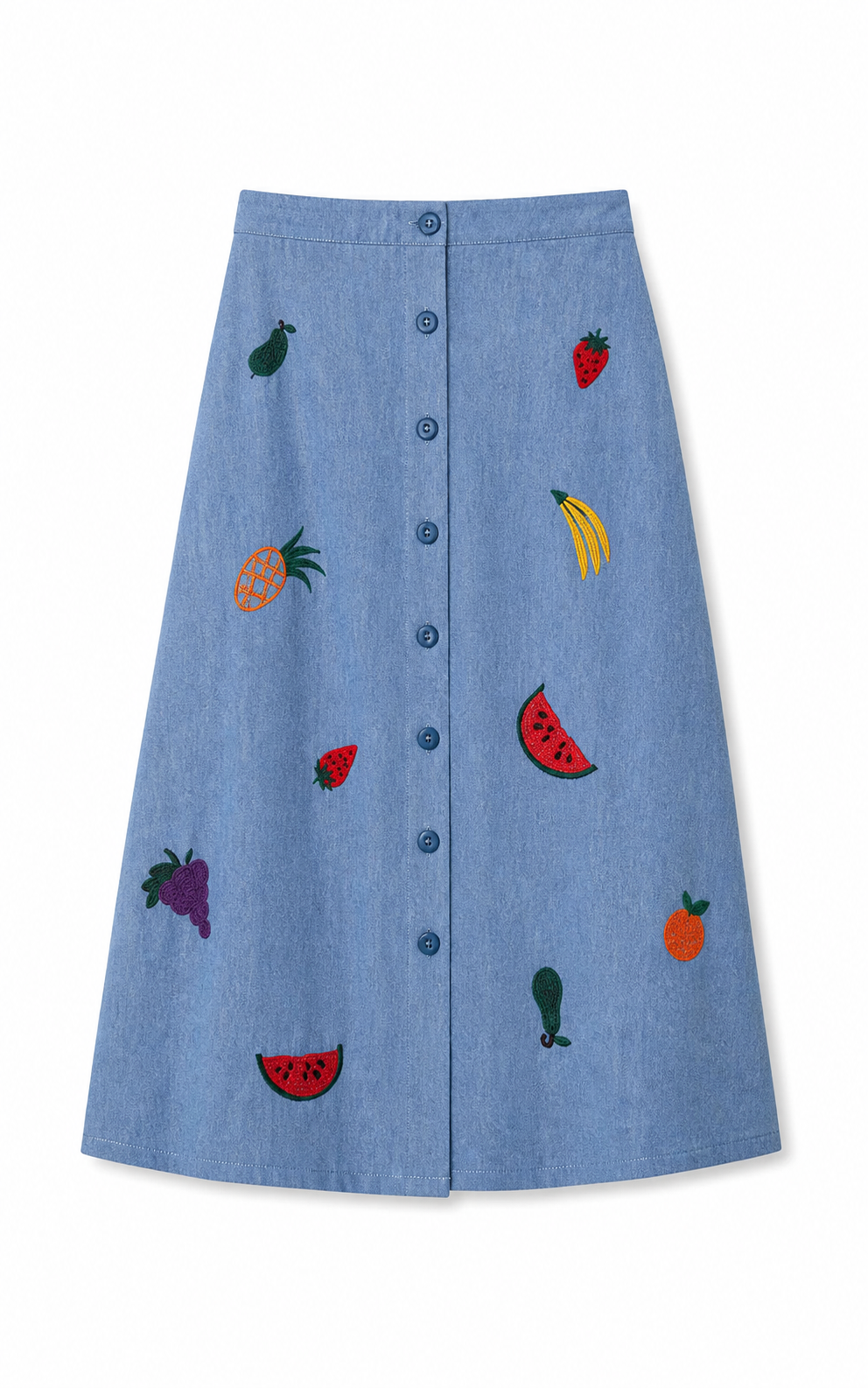 Pepaloves - Denim Button Up Skirt With Embroidery