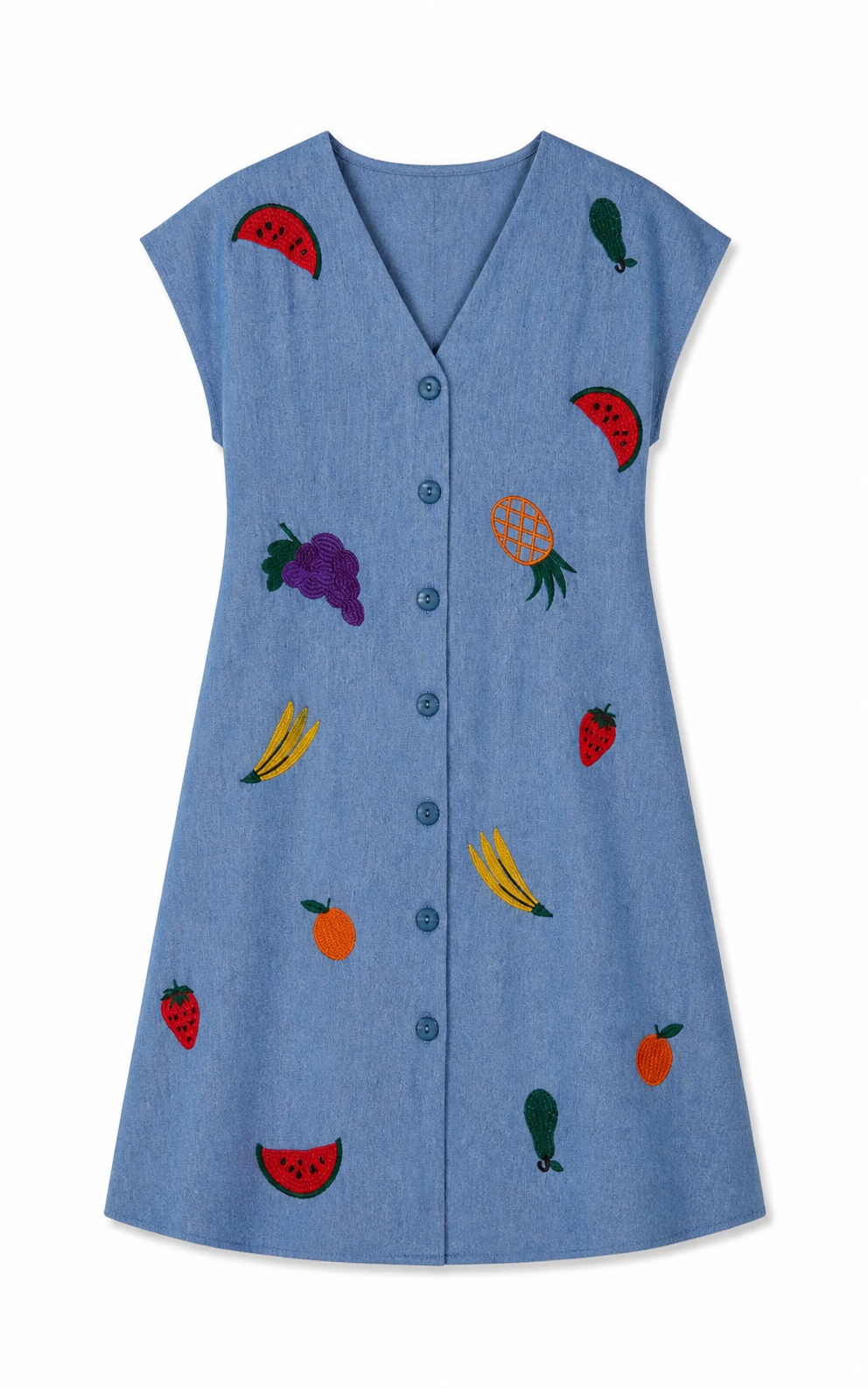Pepaloves - Denim Button Down Dress With Embroidery