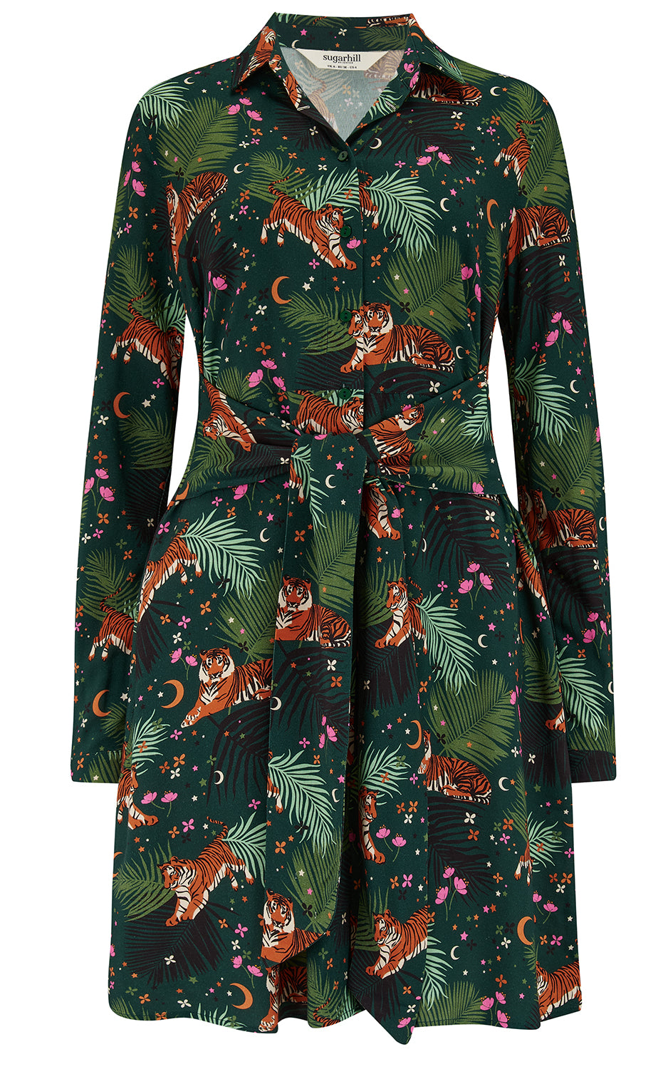 Sugarhill Brighton - Henrietta Mini Shirt Dress Dark Green Tigers & Palms