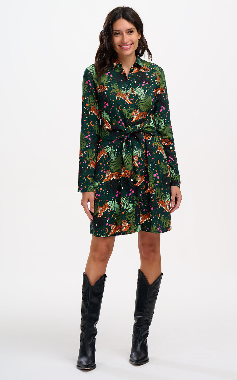 Sugarhill Brighton - Henrietta Mini Shirt Dress Dark Green Tigers & Palms