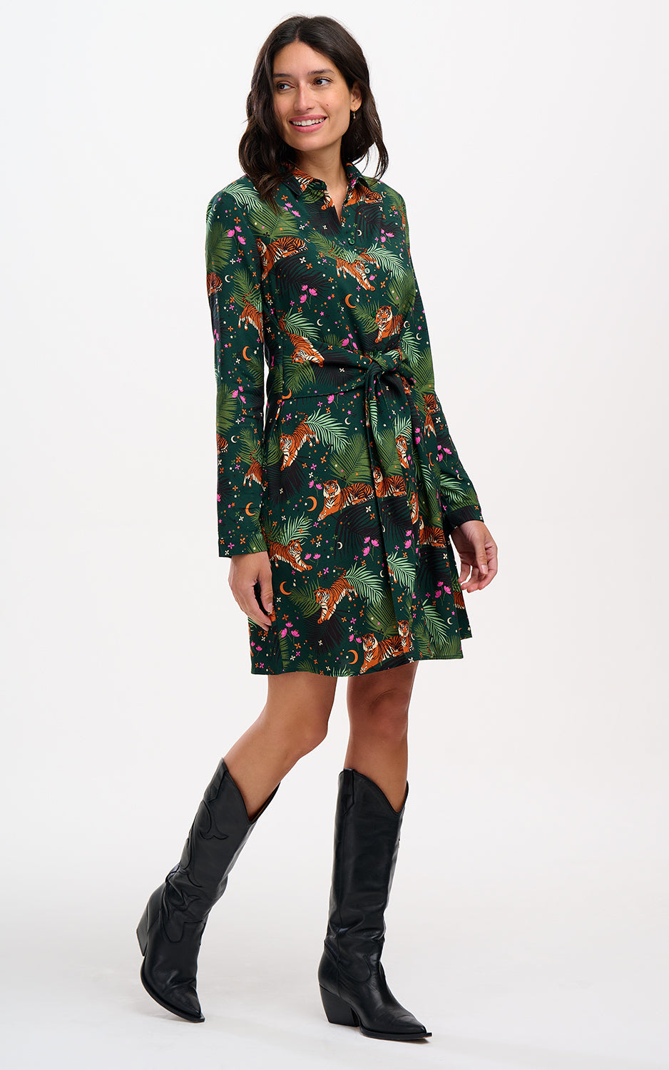 Sugarhill Brighton - Henrietta Mini Shirt Dress Dark Green Tigers & Palms