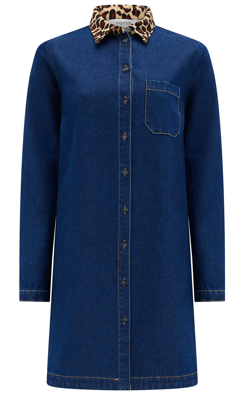 Sugarhill Brighton - Ilsa Mini Denim Shirt Dress Indigo Denim Leopard Collar
