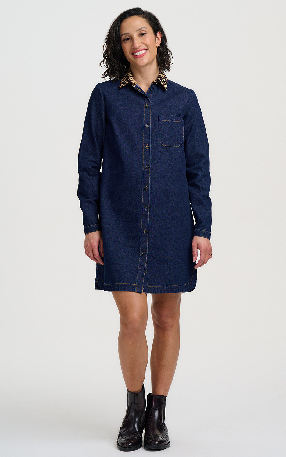 Sugarhill Brighton - Ilsa Mini Denim Shirt Dress Indigo Denim Leopard Collar