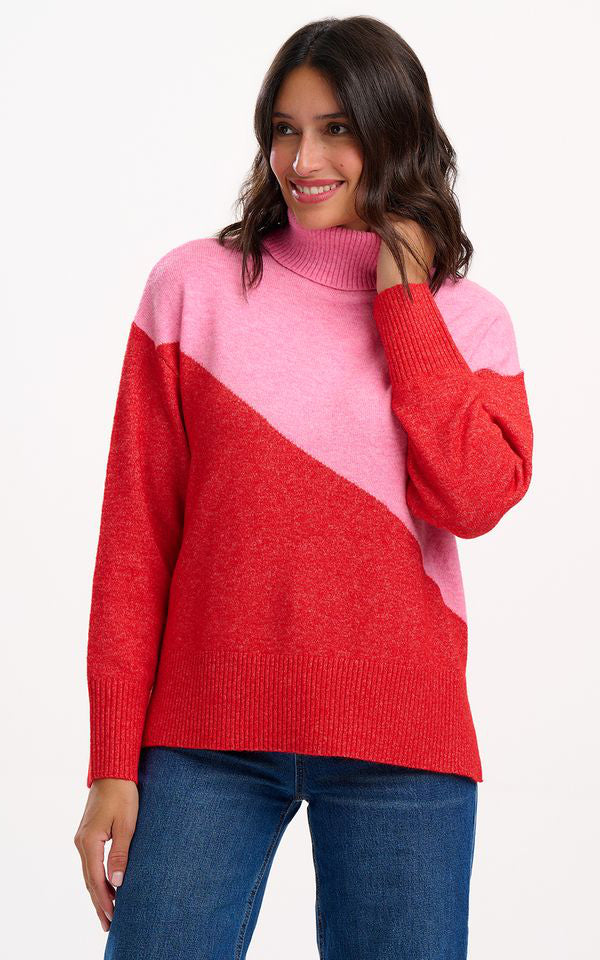 Sugarhill Brighton - Winona Roll-Necck Jumper Pink Red Colour Block