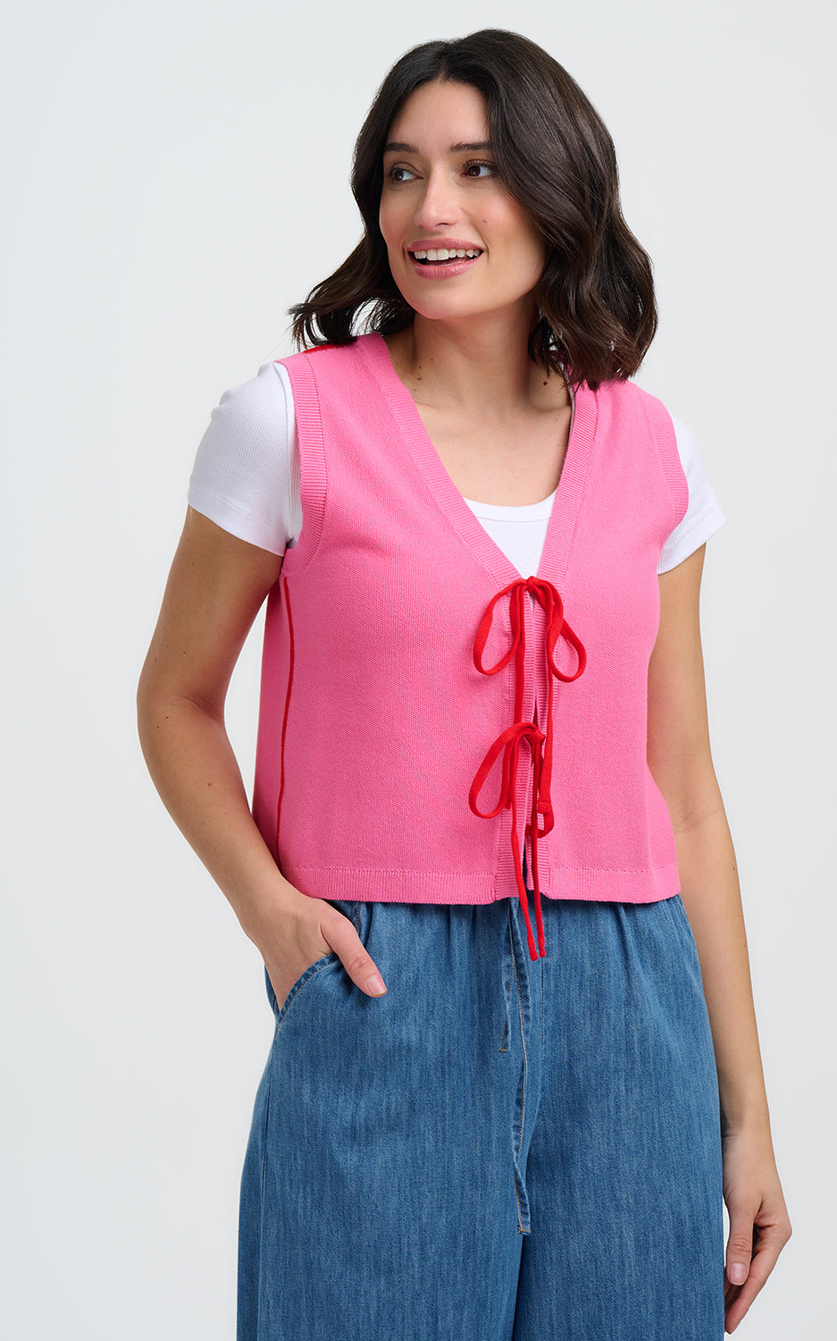Sugarhill Brighton - Zina Knit Vest Pink Red Tipping