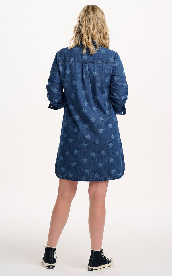 Sugarhill Brighton - Ilsa Mini Shirt Dress Mid Blue Denim Bleached Stars
