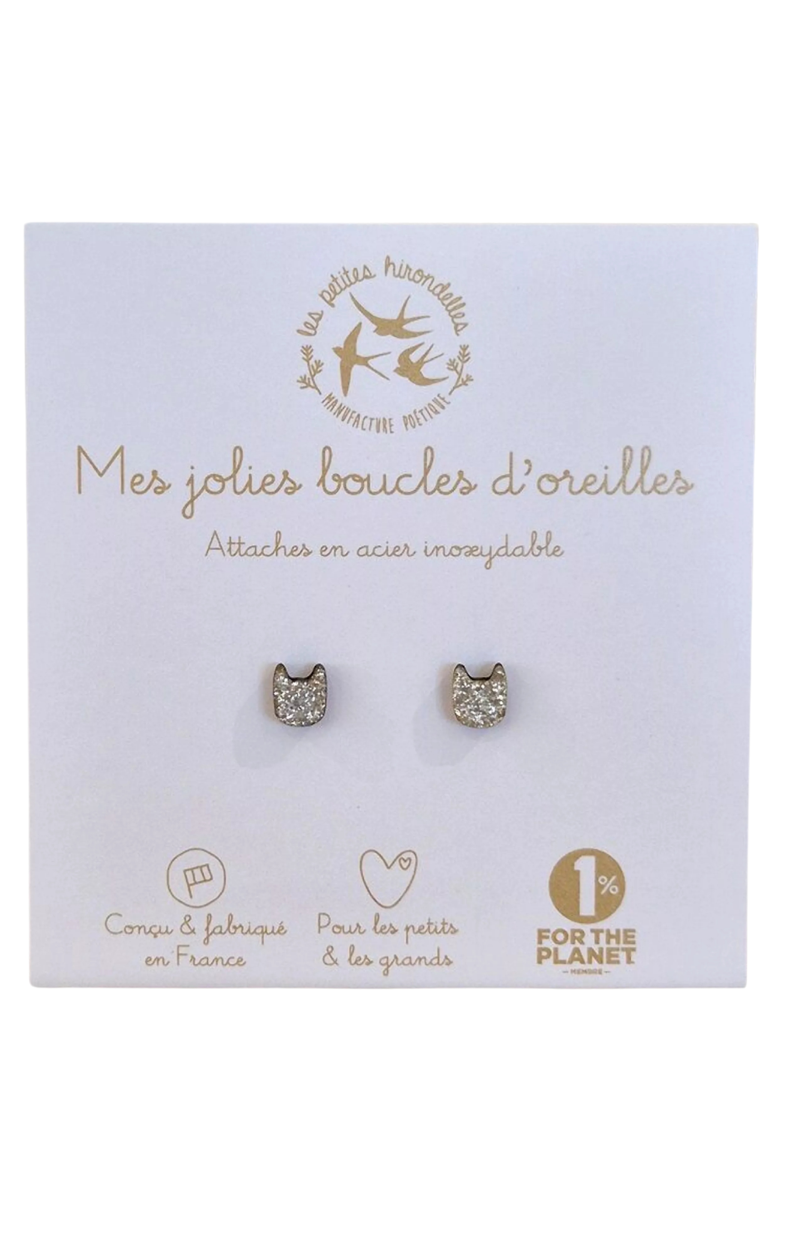 Glittery Stud Earrings Cat Silver