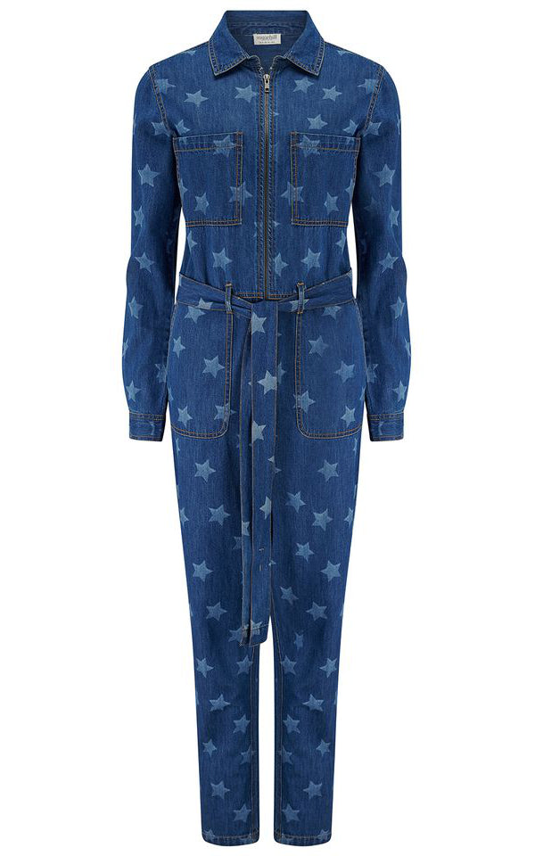 Sugarhill Brighton - Anwen Boilersuit Mid Blue Denim Bleached Stars