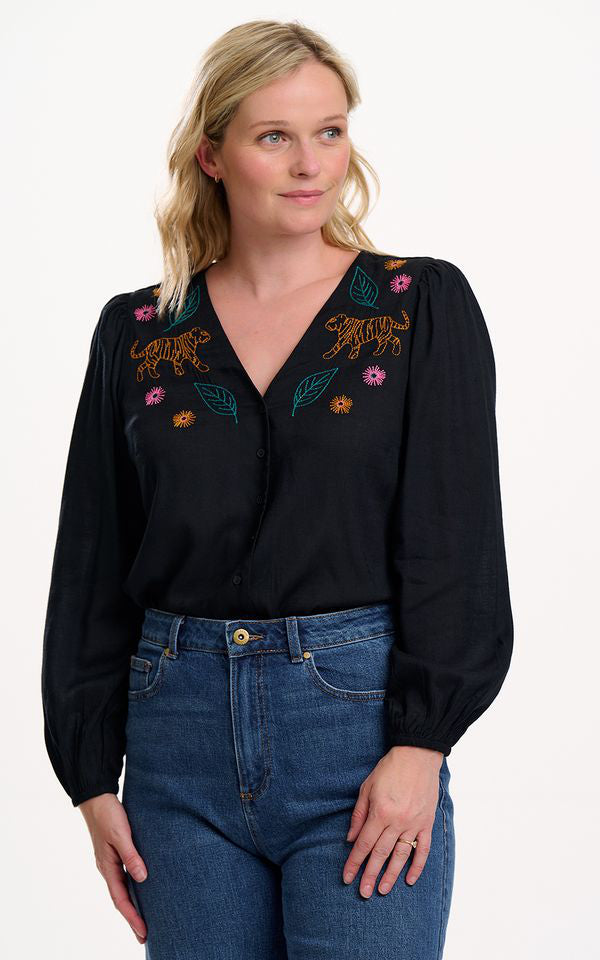 Sugarhill Brighton - Dawn Blouse Black Tiger Embroidery
