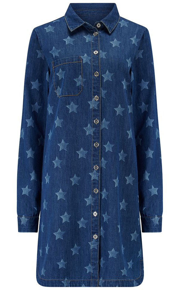 Sugarhill Brighton - Ilsa Mini Shirt Dress Mid Blue Denim Bleached Stars