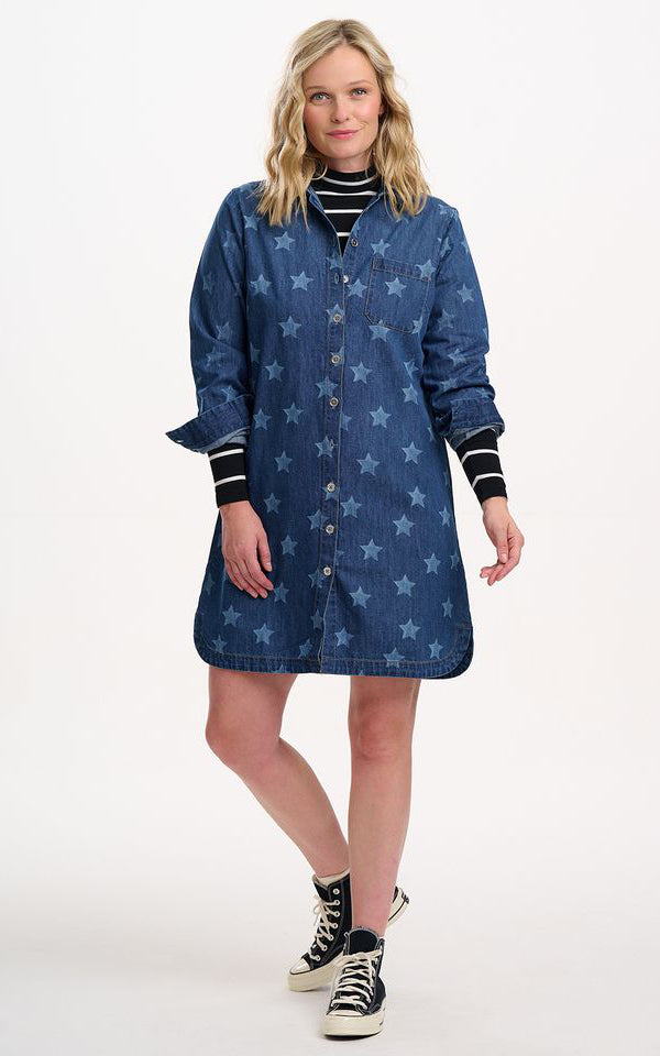 Sugarhill Brighton - Ilsa Mini Shirt Dress Mid Blue Denim Bleached Stars