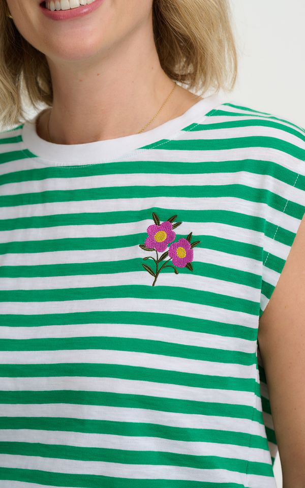 Sugarhill Brighton - Chrissy Relaxed Tank T-Shirt White Green Stripe Floral Sprig