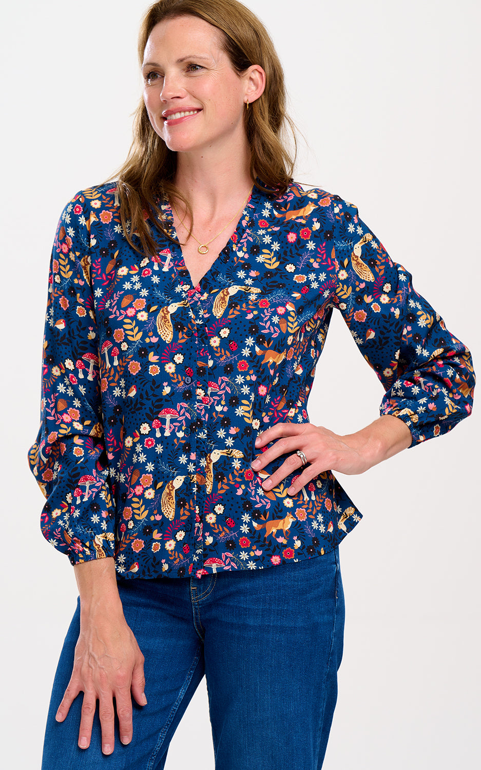 Sugarhill Brighton - Alicia Frill Edge Blouse Navy Midnight Woodland