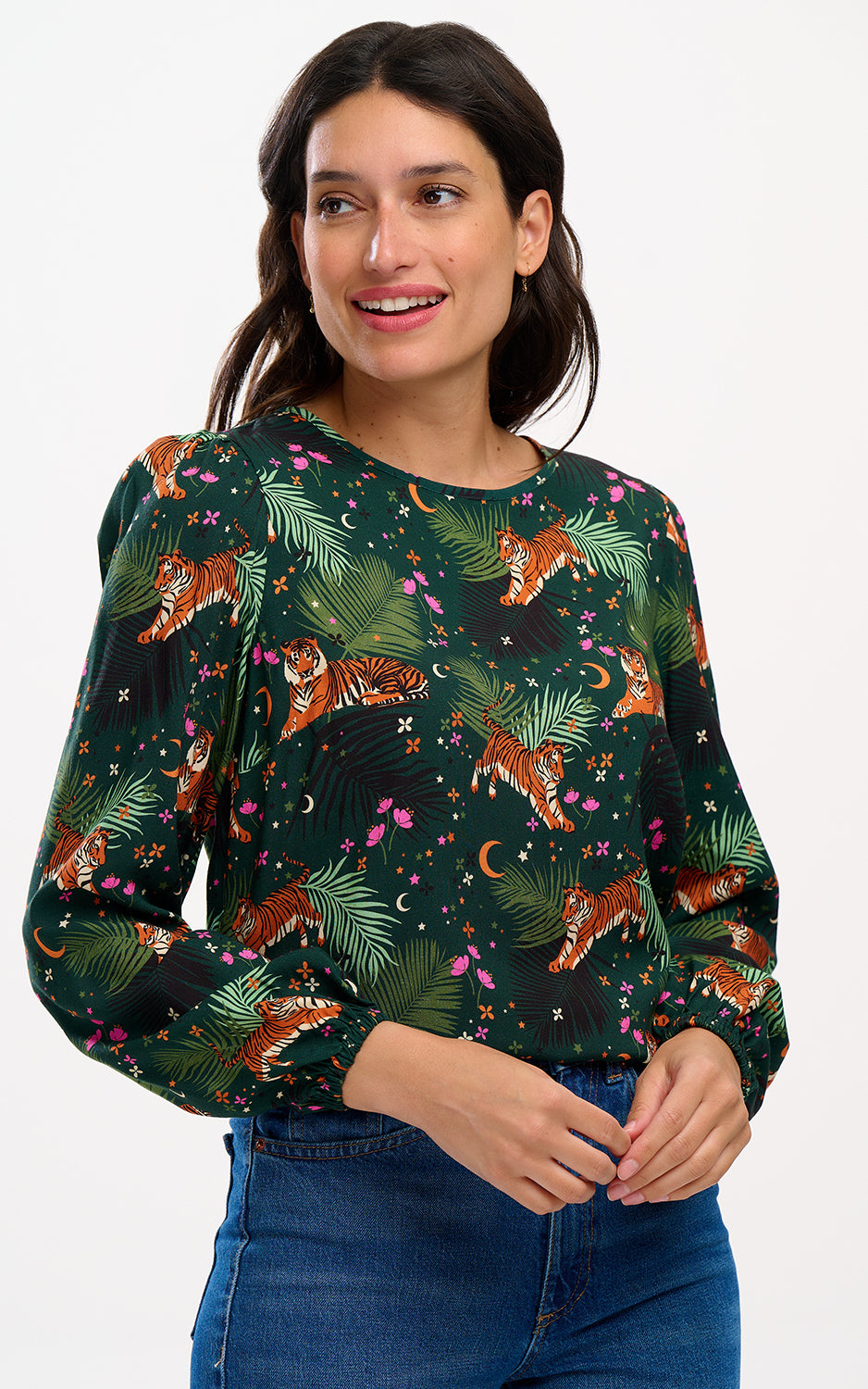 Sugarhill Brighton - Elaina Blouse Dark Green Tigers & Palms
