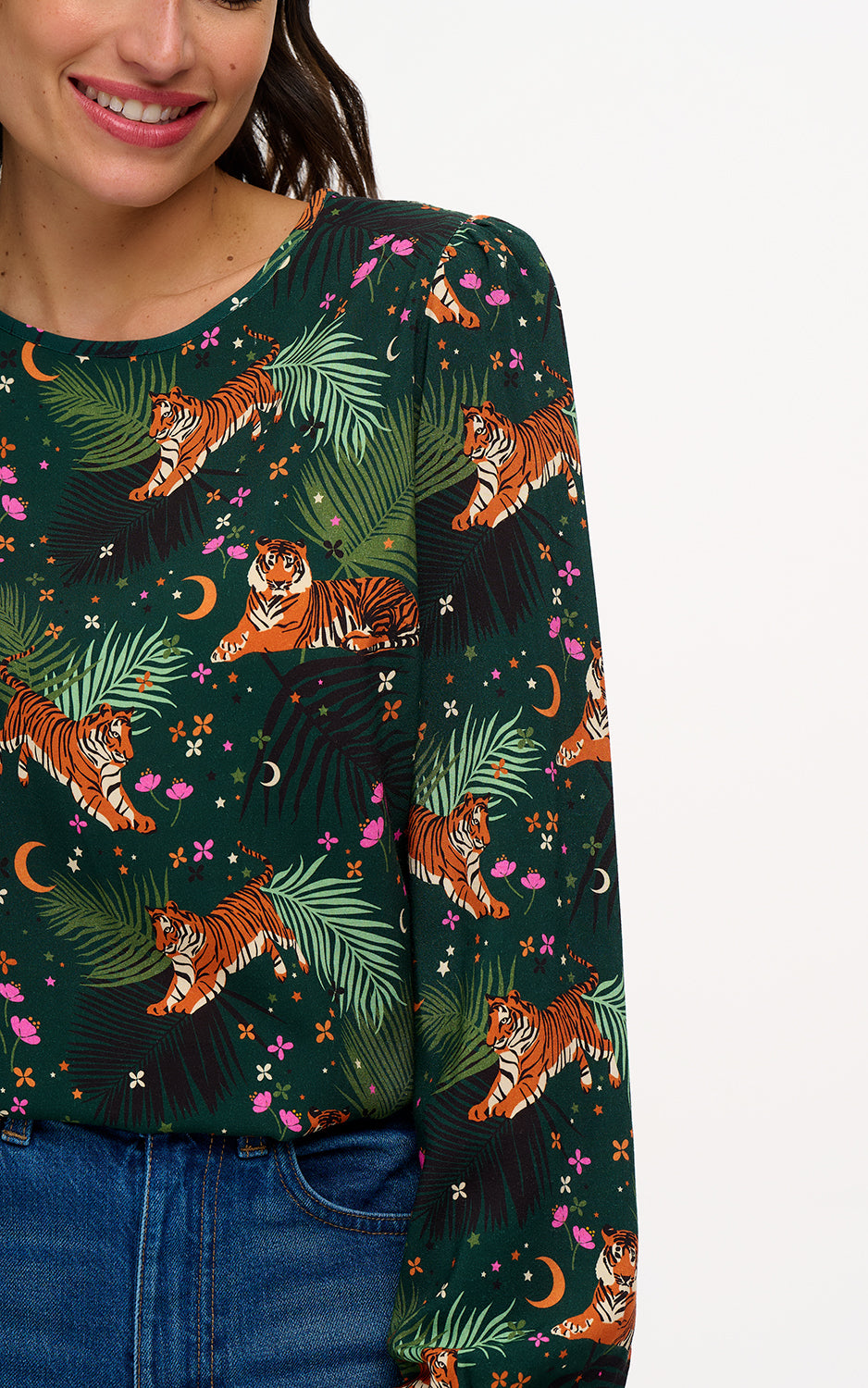 Sugarhill Brighton - Elaina Blouse Dark Green Tigers & Palms