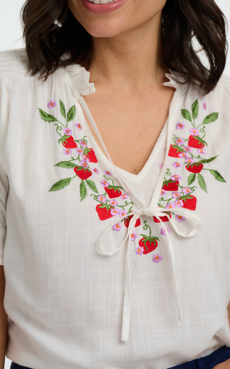 Sugarhill Brighton - Angelique Shirred Top Off White Wild Strawberry
