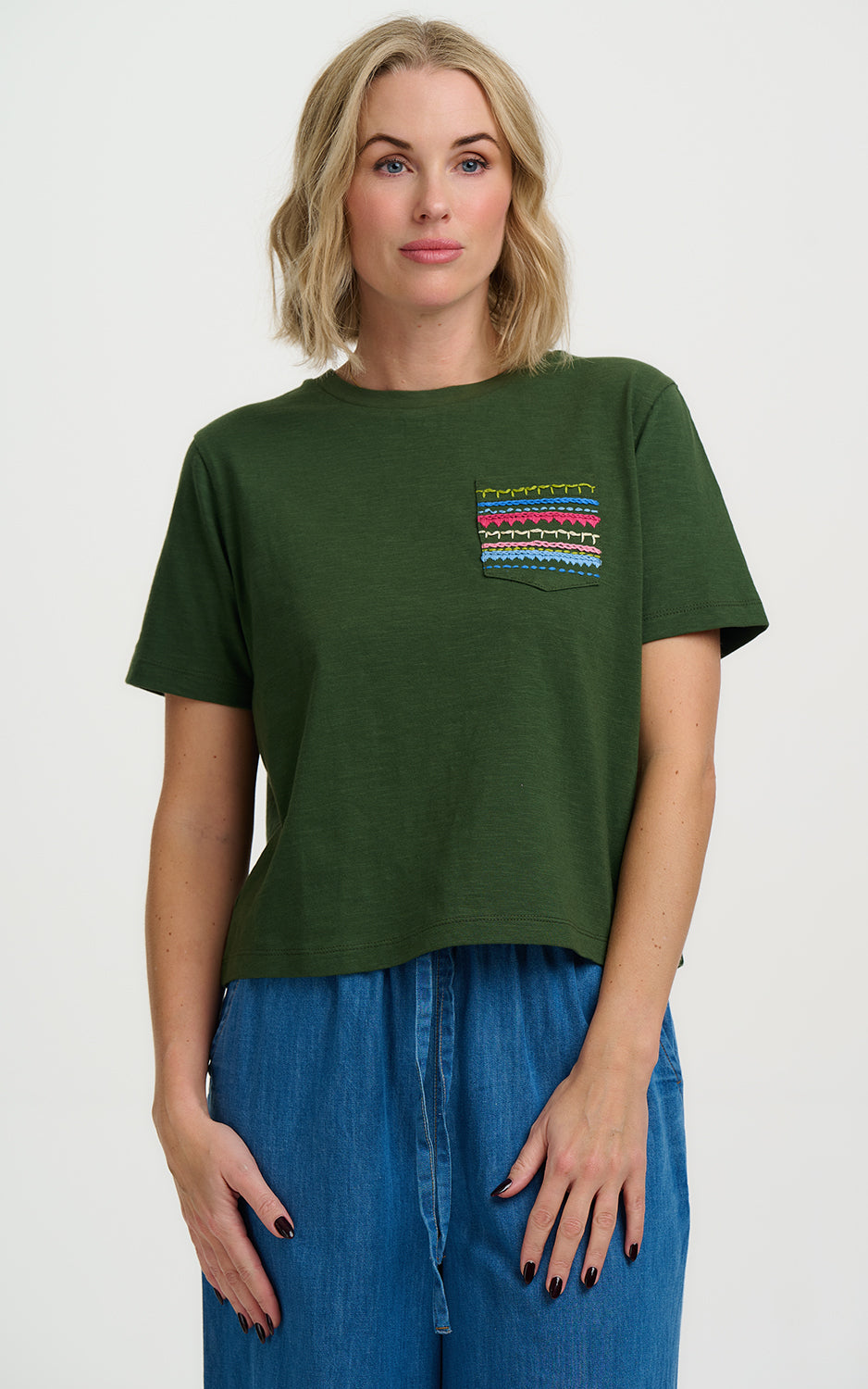 Sugarhill Brighton - Tula Boxy T-Shirt Olive Aztec Embro