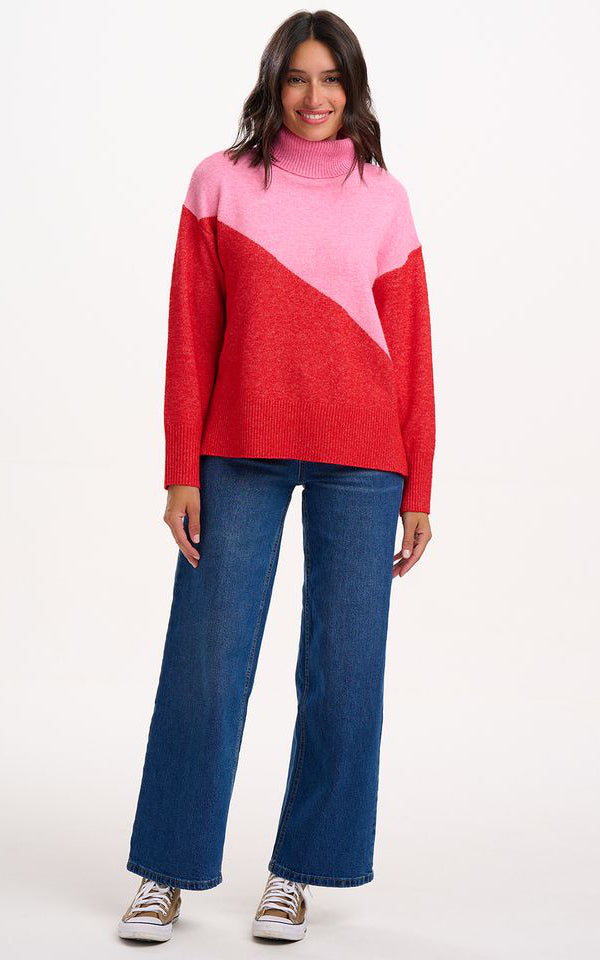 Sugarhill Brighton - Winona Roll-Necck Jumper Pink Red Colour Block