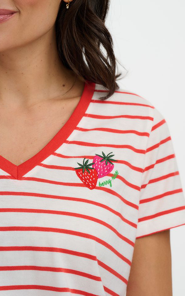 Sugarhill Brighton - Khloe V-Neck T-Shirt Red Off White Stripe Strawberry