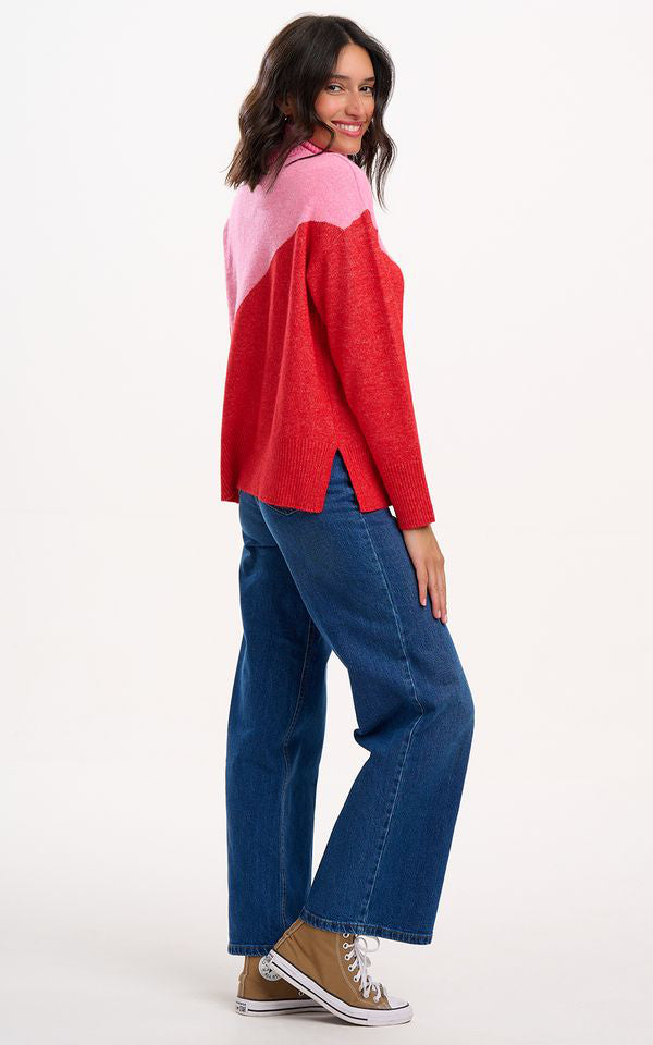 Sugarhill Brighton - Winona Roll-Necck Jumper Pink Red Colour Block