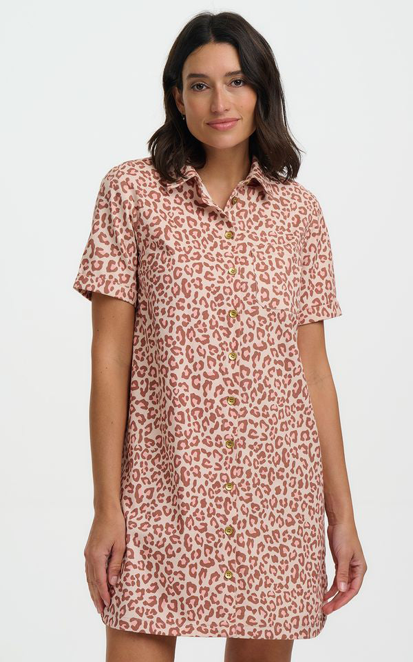 Sugarhill Brighton - Zoe Mini Shirt Dress Stone Classic Leopard